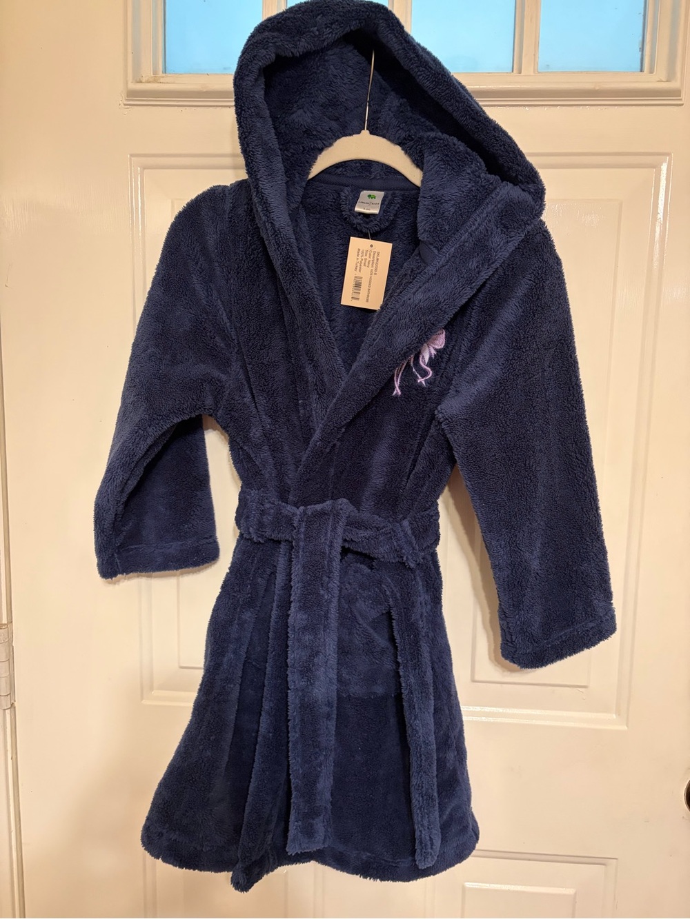 Linum Kids Navy Blue Girls' Hooded Robe w/Bow Embroidery & Tie Size S (5/6) NWT